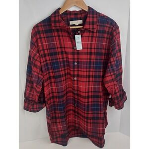 NWT LOFT Red Plaid Long Sleeve Button Flannel Shirt Size L Petite